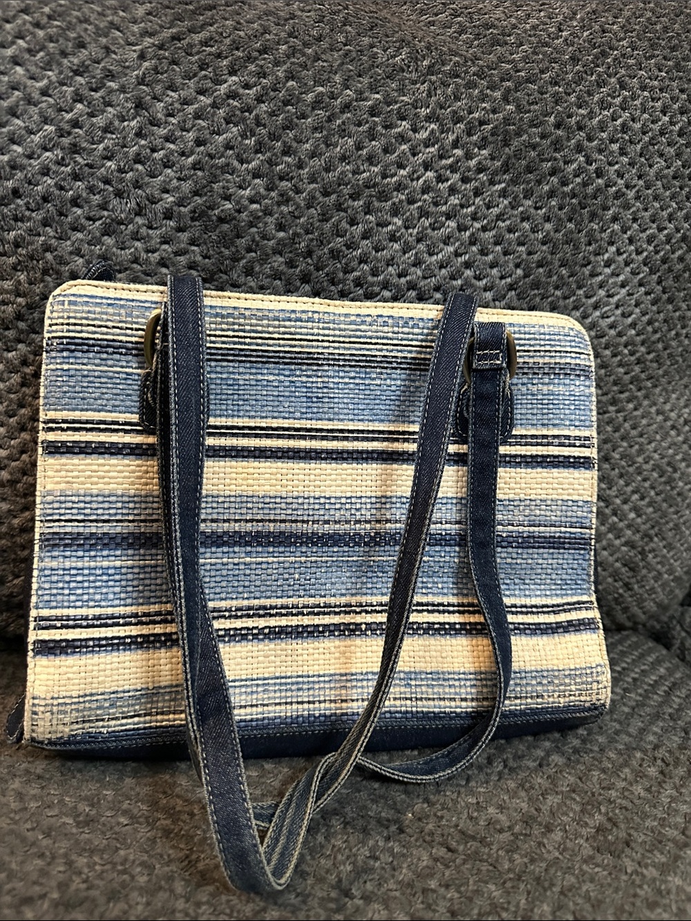Striped Blue and Cream Shoulder Bag with Navy Straps